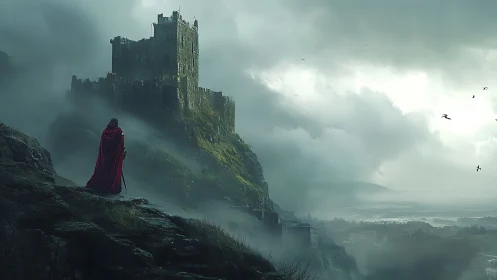Solitary cloaked figure observing mist-shrouded cliff castle.