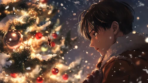 Quiet winter moment beside a glowing Christmas tree.