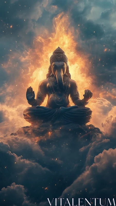 Gentle cosmic deity seated in glowing storm clouds.