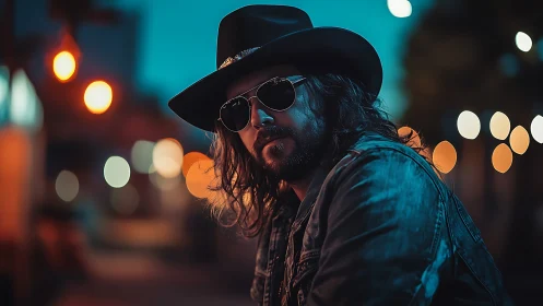 Cowboy in neon street glow wears sunglasses and denim jacket.