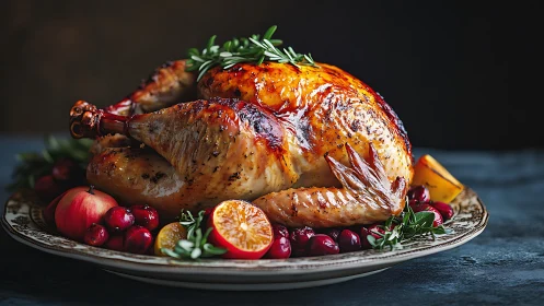 Roast turkey on platter with citrus, apples, and herbs.