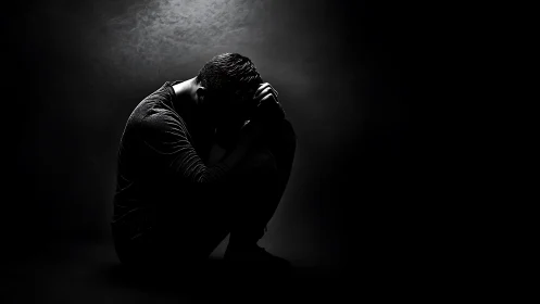 Low key chiaroscuro profile of kneeling figure in despair.