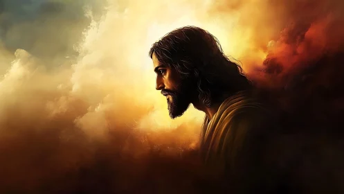 Side-profile portrait of a man in dense golden clouds