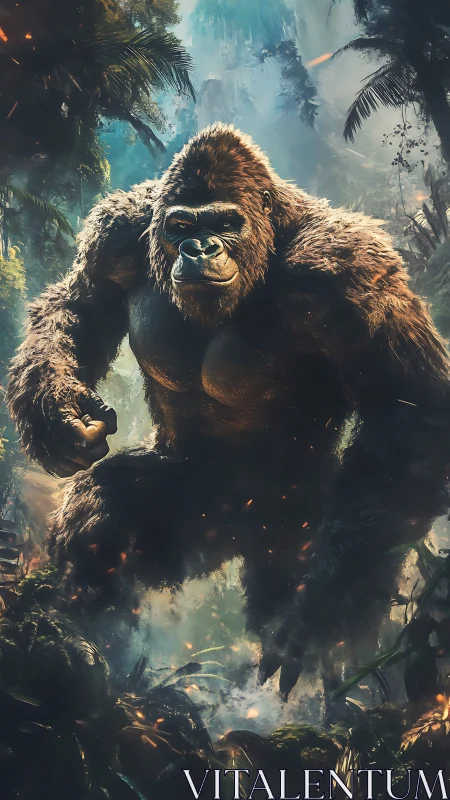 Jungle titan strides through mist and embers with grim focus