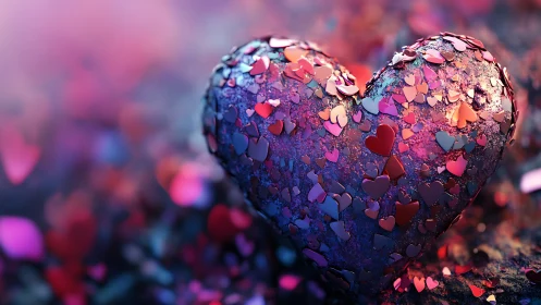 Heart form composed of cascading metallic hearts rendered with chromatic gradient.