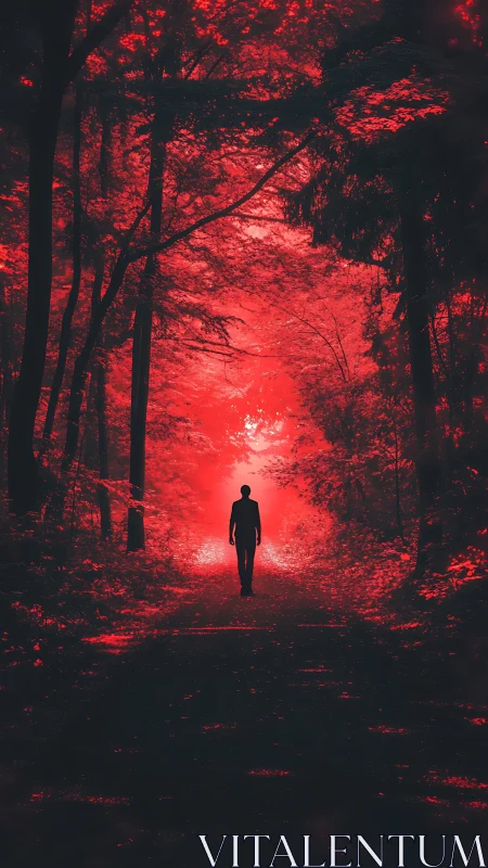 Wanderer in glowing red forest path of mystery and light.