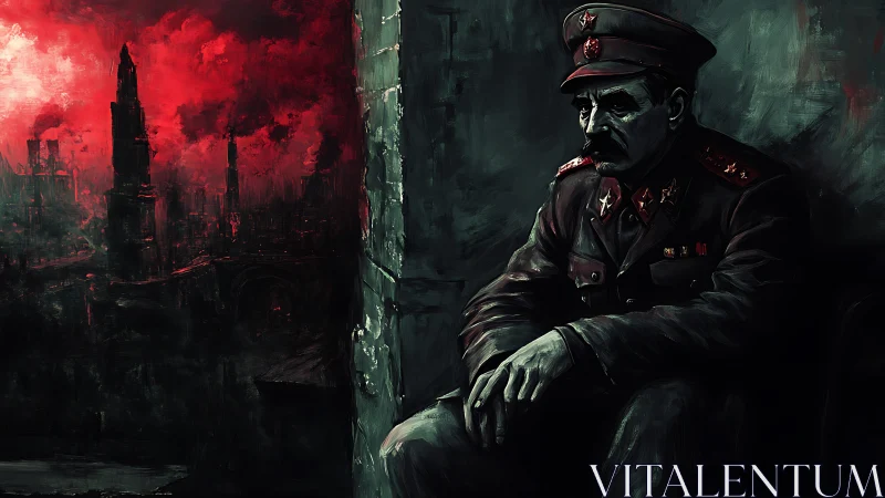 Military officer is seated indoors beside a red cityscape