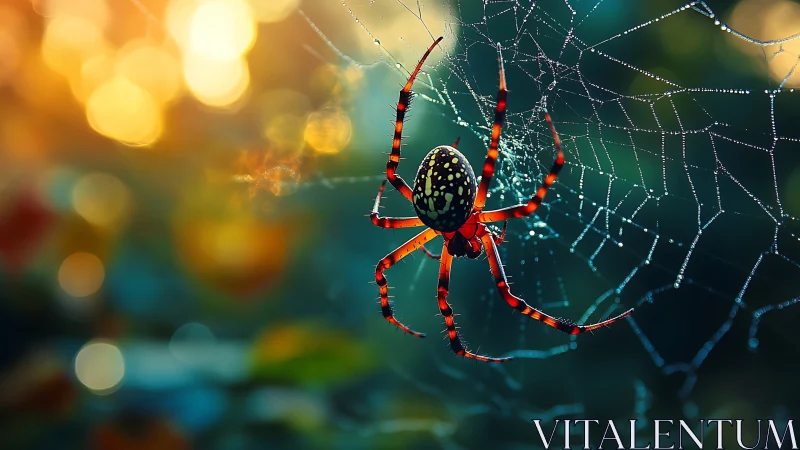 Spider on dew-covered web against defocused light background.