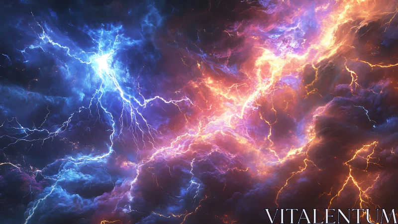 Dancing cosmic lightning in swirling blue and gold clouds.