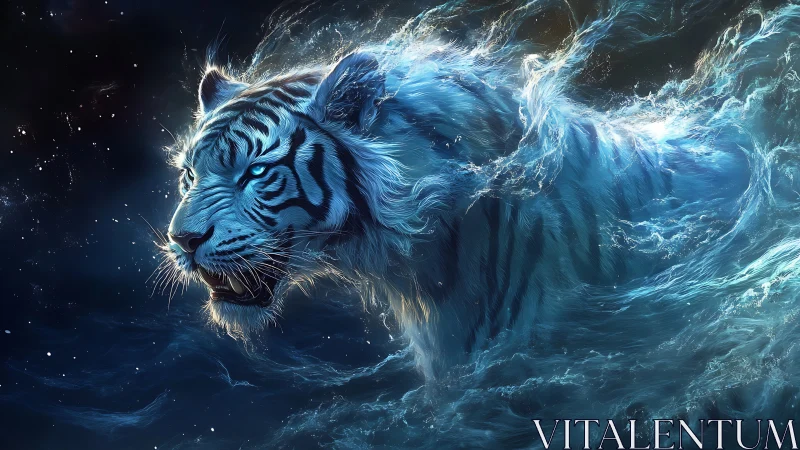 White tiger form emerging from stylized luminous water field.