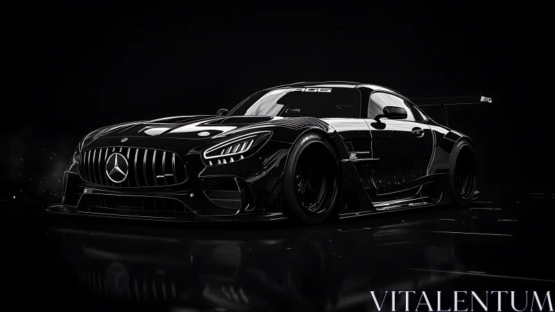 Black Mercedes AMG GT race car in low key studio lighting.