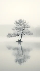 Solitary winter tree reflects quietly in misty still water