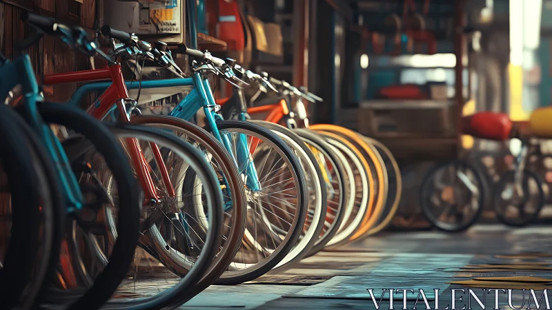 Colorful bikes line up in sunny urban alley light.