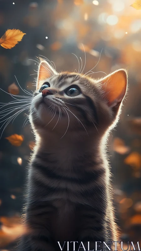 Kitten gazing upward catches golden autumn leaf in soft-focus bokeh environment