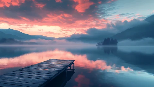 Wooden pier extending into misty reflective mountain lake.