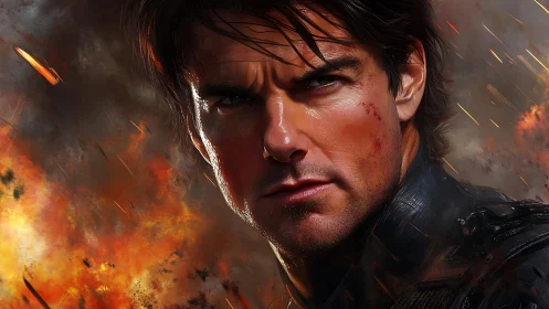 Battle-scarred hero stares forward amid erupting firestorm