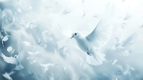 White doves in soft blue sky with floating feathers all around.
