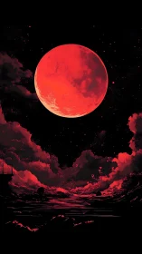 Crimson supermoon above reflective alien shoreline at night