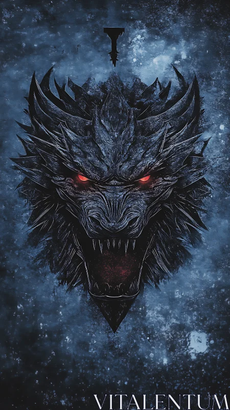 Ferocious dragon head with red eyes on icy blue field.
