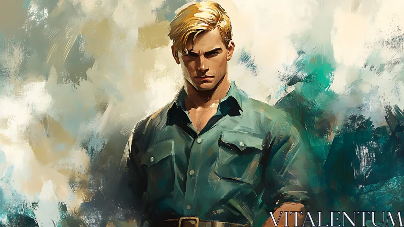 Blond male figure in green shirt against abstract backdrop.