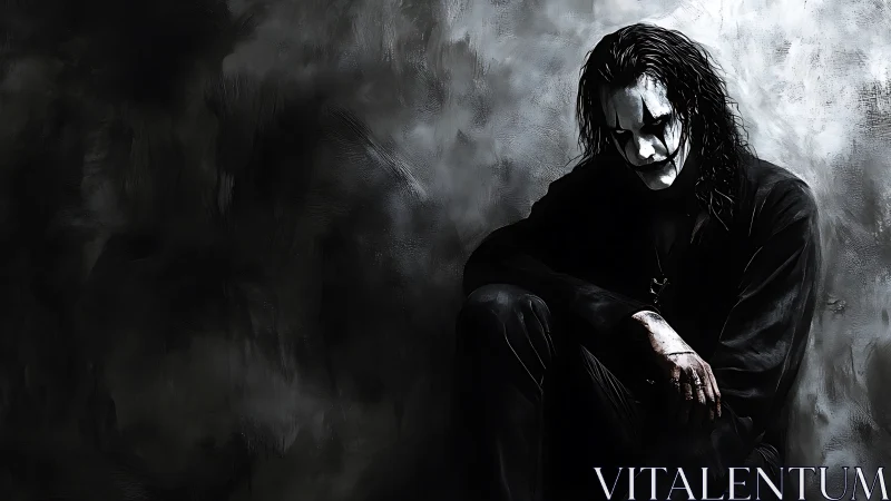 Gothic clown loner in shadowed monochrome corner scene.