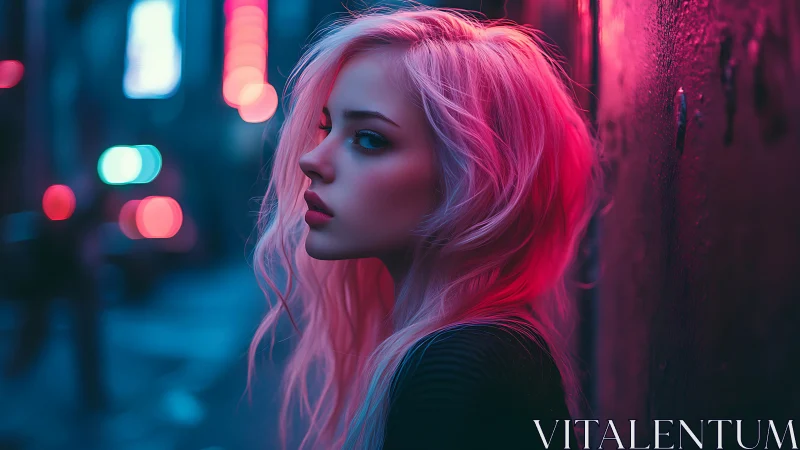 Neon lit portrait of woman in urban night alley setting.