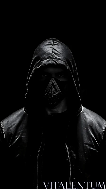 Hooded figure in black mask against dark background.