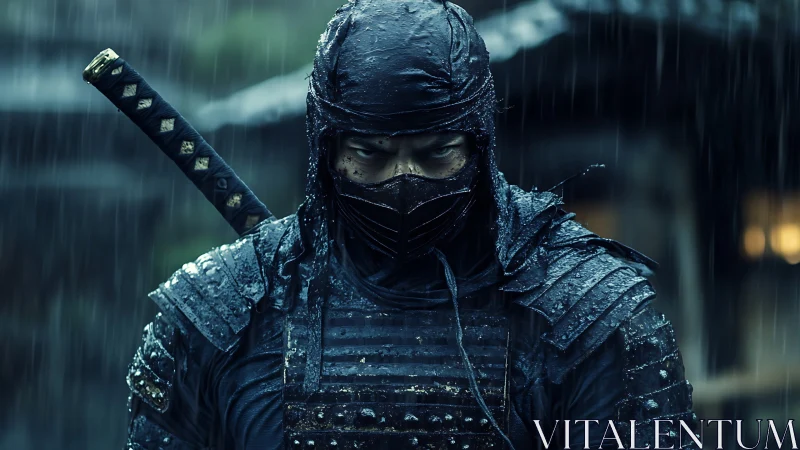 Steely eyed ninja warrior standing firm in the pouring rain.