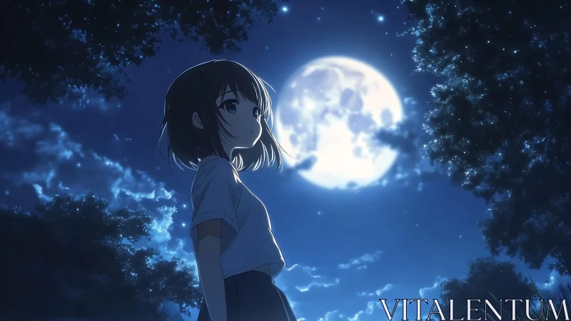 Moonlit anime girl under deep blue starry night sky.