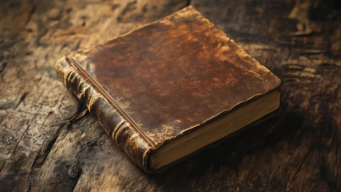 Weathered leather-bound book on rustic wooden surface.