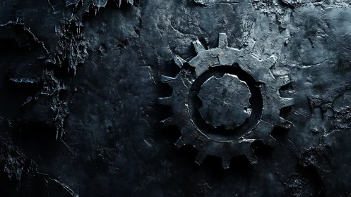 Rust-textured metal gear embedded in dark industrial wall.