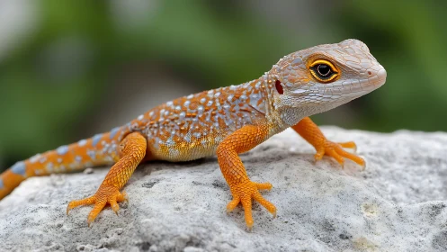 Spotted orange lizard poised on pale stone in sharp focus.