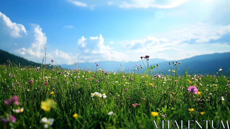 Wide-angle wildflower meadow under clear sky with shallow depth
