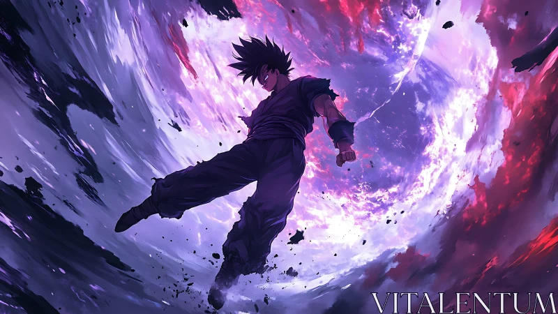 Dark haired anime fighter suspended before swirling portal.