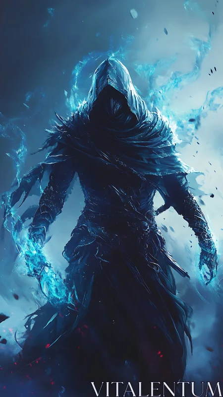 Hooded spectral warlock with cyan arcane plasma aura ignited