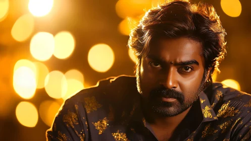 Brooding gaze wrapped in molten bokeh and gilded nightfire.