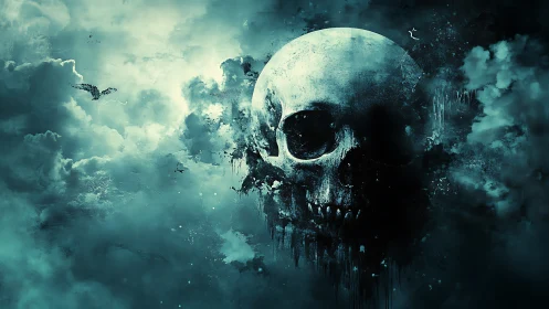 Skull emerging from dark teal storm clouds in sky.