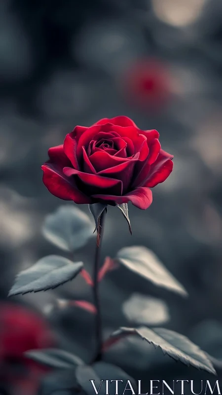 Deep Crimson Rose Strikes Solitude in Muted Garden Theater