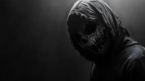 Torn-masked shadow leans from darkness with stitched-up silence