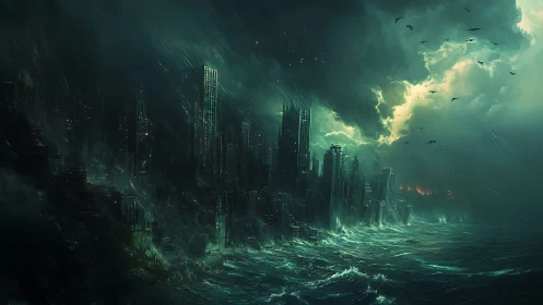 Storm-driven ocean surges against submerged high-rise city