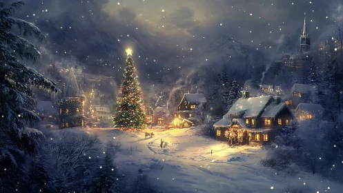 Nocturnal alpine village with illuminated central fir tree.