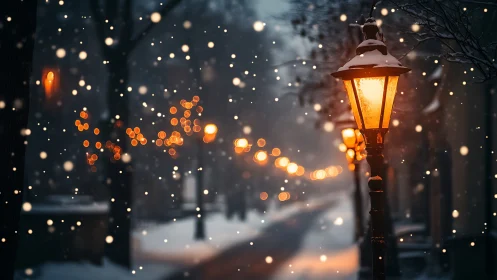 Streetlamps whisper warmth into a softly falling winter veil