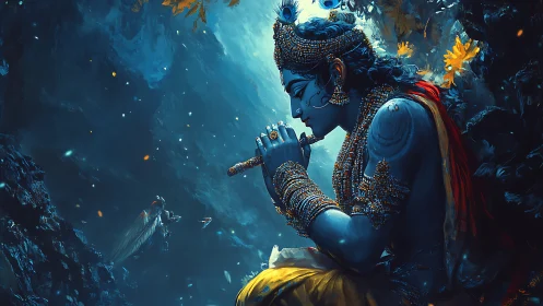 Divine blue figure plays jeweled flute in luminous forest