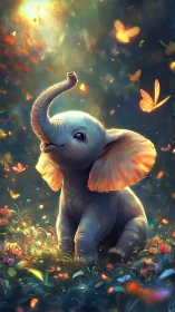 Baby elephant delight with glowing butterflies and flowers.