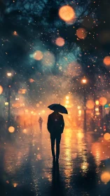 Solitary umbrella turns rainy city street into molten constellations