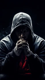 Brooding hooded man contemplates in dramatic low-key light