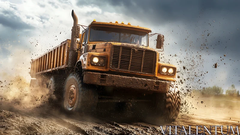 Mud-slinging dump truck thunders forward through stormy daylight