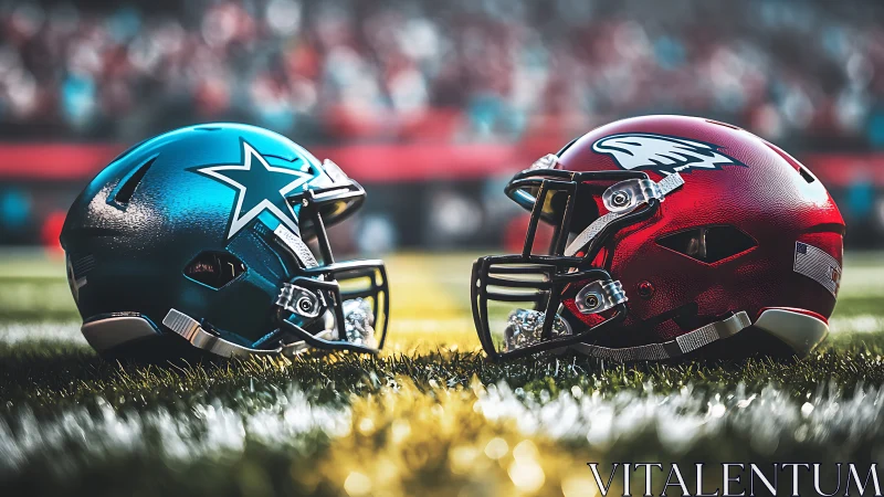 Opposing football helmets aligned on turf at midfield.