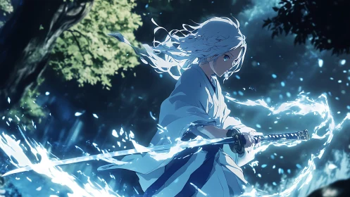 Calm sword wielder wrapped in shimmering waterlight energy.