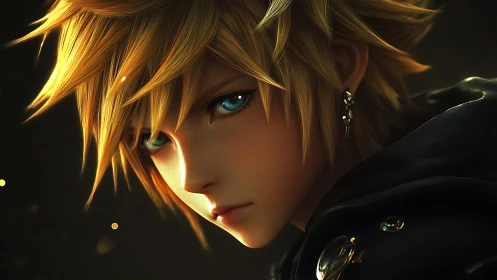 Cinematic close-up of stylized blonde character with volumetric lighting